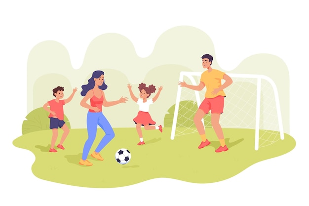 Cartoon family playing soccer outside