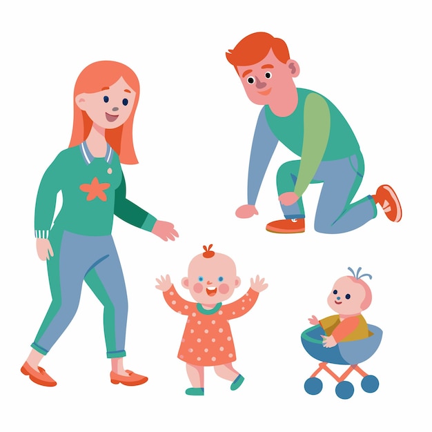 Vector cartoon family with two babies one walking the other in a stroller and parents watching them