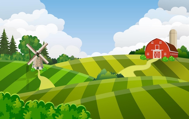 Vector cartoon farm field green seeding field, red barn on a green farmers field