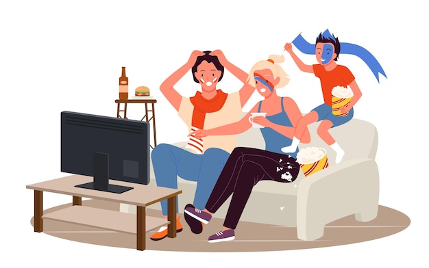 Cartoon father mother and son child fans characters sitting on sofa to watch television during day isolated on white Family people fans watching soccer match tournament together vector illustration