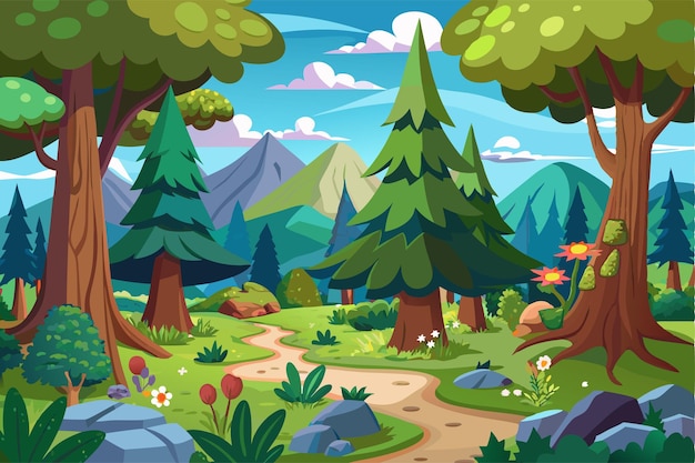 Vector cartoon of the forest scene with many trees cartoon vector background 2