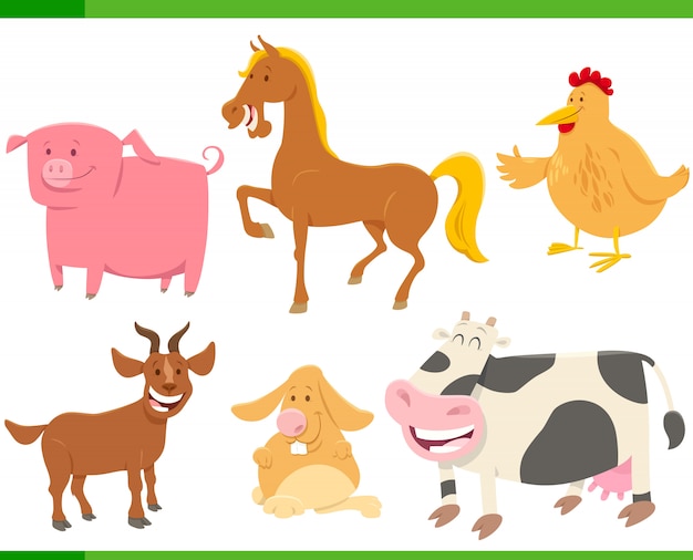 Cartoon funny farm animal characters set