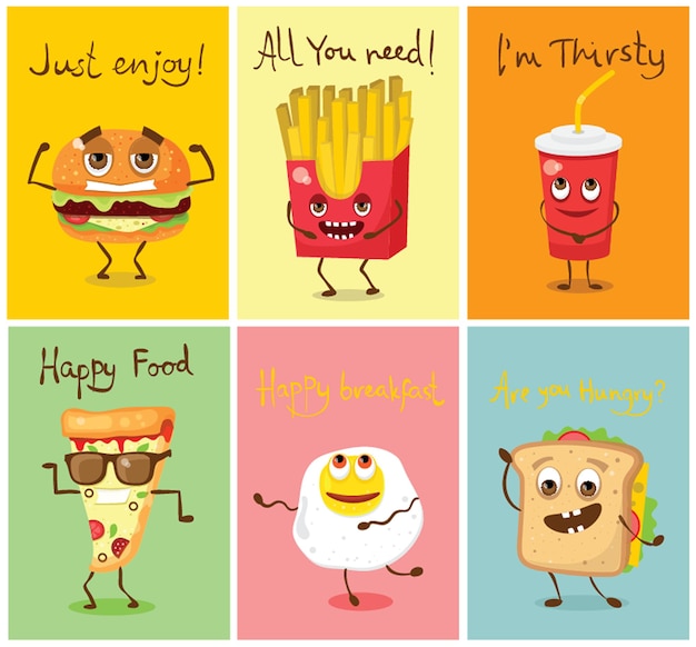 Cartoon funny food characters vector illustrations- cupcake, hamburger and pizza with emotions