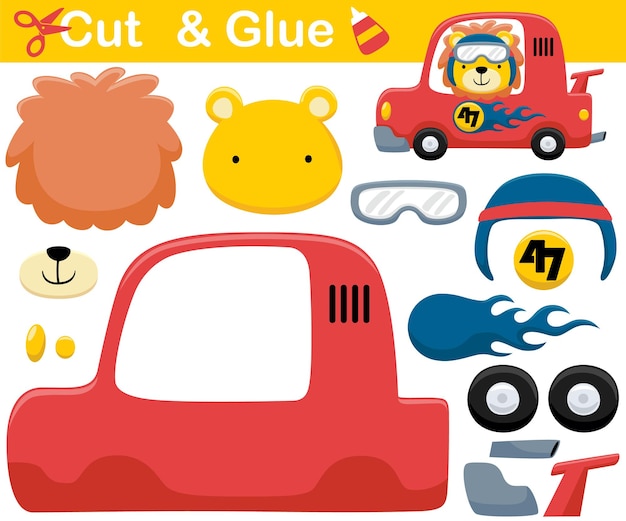 Cartoon of funny lion wearing helmet on race car. Education paper game for children. Cutout and gluing