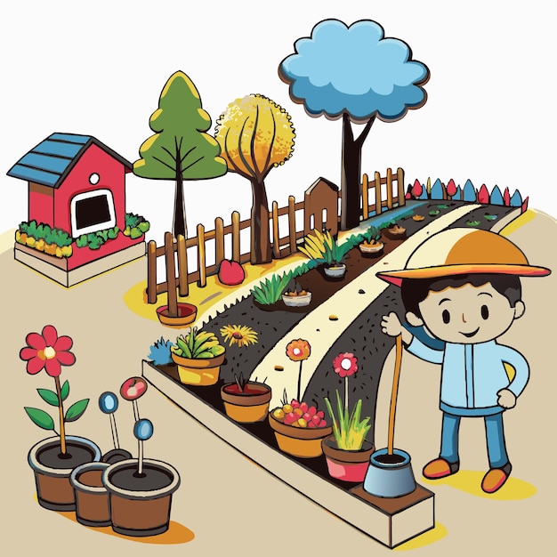 Vector a cartoon of a garden with a man holding an umbrella