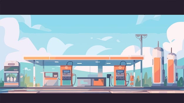 Vector a cartoon of a gas station with a blue sky and clouds