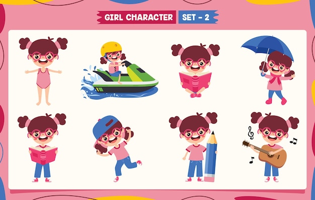 Cartoon Girl Doing Various Activities