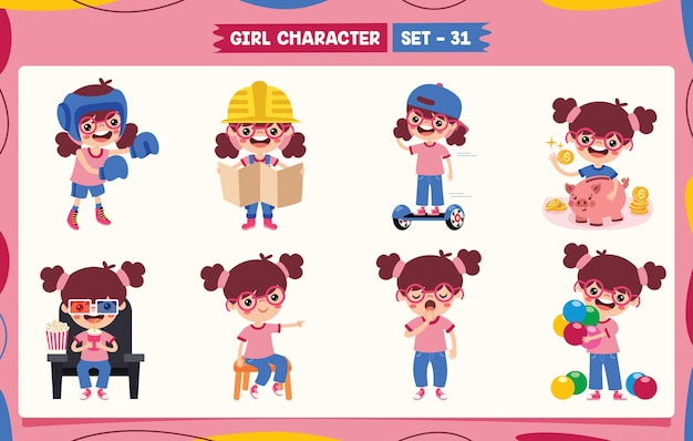 Cartoon Girl Doing Various Activities