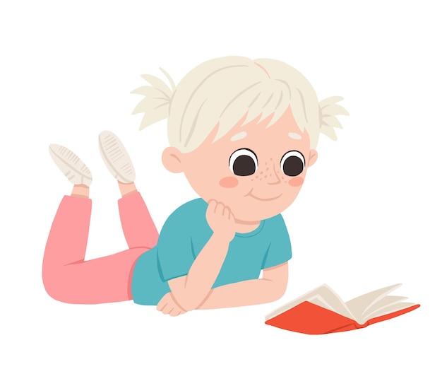 Cartoon girl laying and reading a book