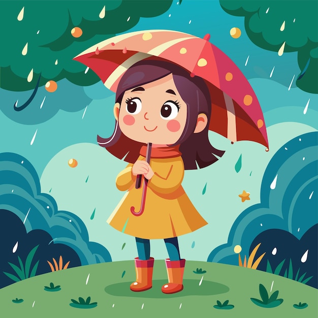 Vector a cartoon girl with an umbrella in the rain