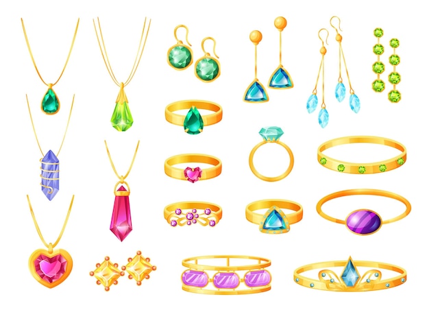 Vector cartoon gold jewelry with gemstones wedding rings earrings bracelets women fashion golden accessories tiara jewel necklace vector set