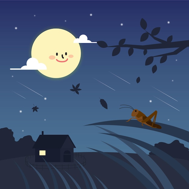 A cartoon of a grasshopper sitting in a field with a moon and stars on the sky.
