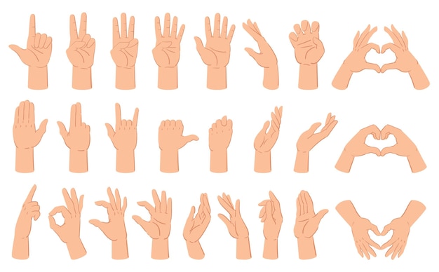 Cartoon hands gesture hand poses thumb up and counting gestures Human hand gestures count and crossed fingers vector illustration set Hand gesture communication