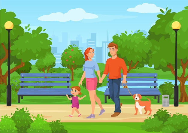 Cartoon happy family with kids walking in city park father mother and daughter spending time outdoor