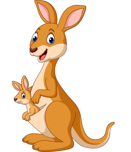Vector cartoon happy kangaroos with baby joey