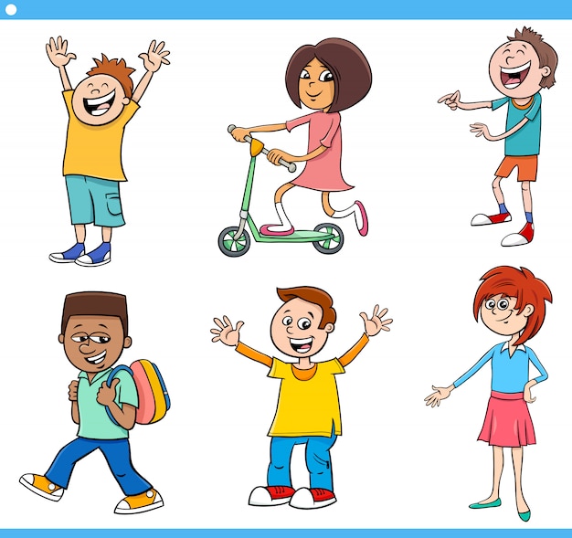 Cartoon happy kids and teens characters set