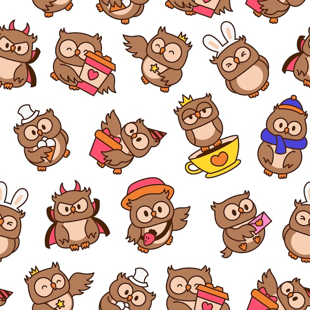 Vector cartoon happy owl characters seamless pattern