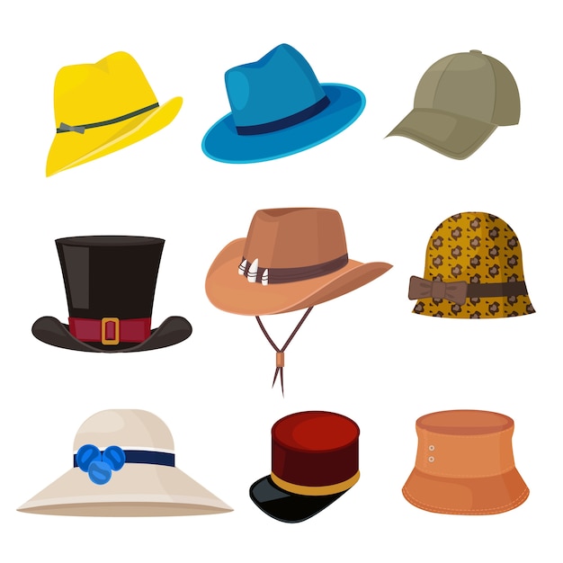 Vector cartoon hats. male and female stylish accessories of wardrobe headwear flat fashion collection. female and male hat fashion collection, headdress of set illustration