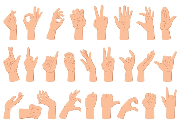 Cartoon human hand expression gestures counting fingers and thumb up Hand gestures human arm palm gesture communication vector illustration set Human hand gestures different