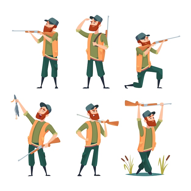 Vector cartoon hunters. various characters of hunters at action poses