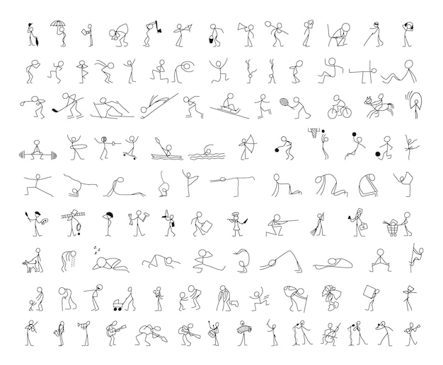 Cartoon icons set of sketch little vector people stick figure in cute miniature scenes.