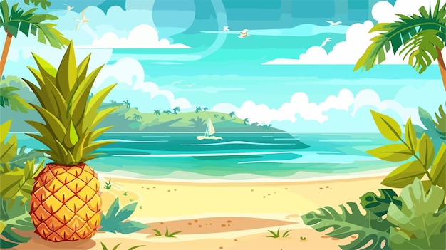 Vector a cartoon illustration of a beach scene with a sailboat in the water