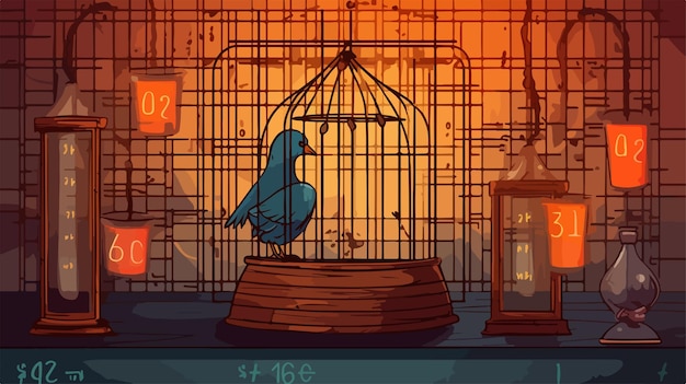 Vector a cartoon illustration of a bird in a cage with a red background with a number 2 on it