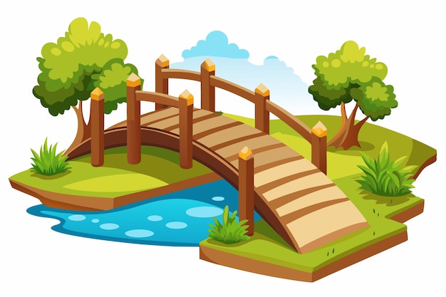 Vector a cartoon illustration of a bridge with a pond and a bridge