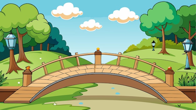 Vector a cartoon illustration of a bridge with trees and a lake in the background