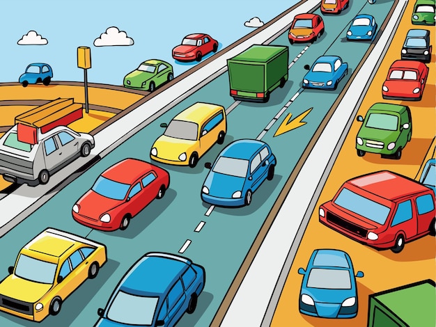 Vector a cartoon illustration of a busy street with cars and trucks