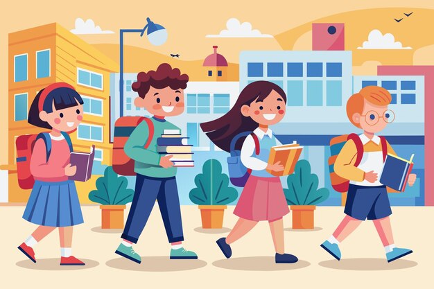 Vector a cartoon illustration of children carrying books and a picture of a school