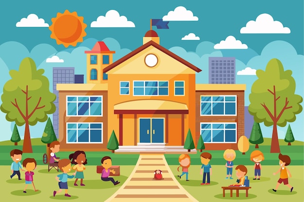 Vector a cartoon illustration of children in front of a school with a picture of a school