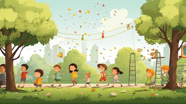 Vector a cartoon illustration of children walking in the park