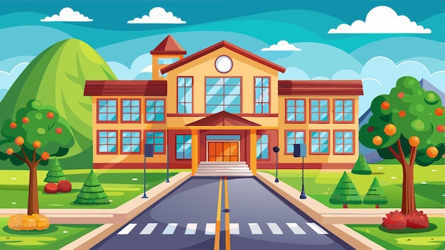 Vector cartoon illustration city houses and school facades landscape 5