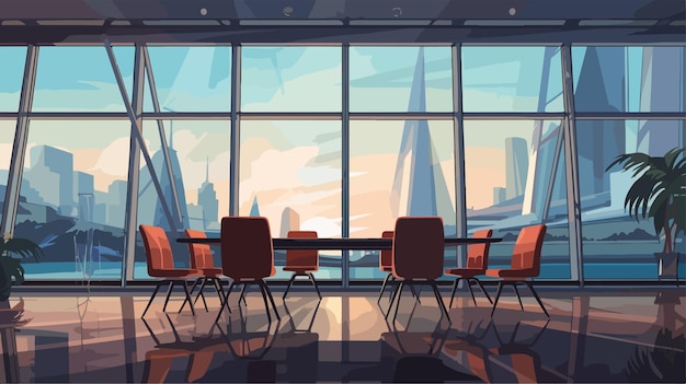 a cartoon illustration of a conference room with a view of the city