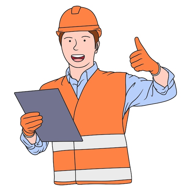 Vector cartoon illustration of construction worker posing thumbs up