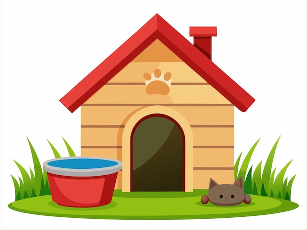 Vector a cartoon illustration of a dog and a red bowl with a cat laying on the grass