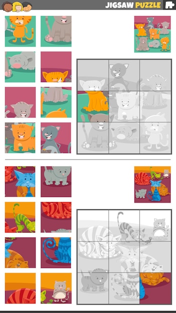 Vector cartoon illustration of educational jigsaw puzzle games set with wild cats animal characters