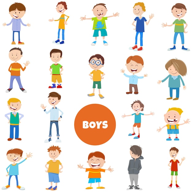 Vector cartoon illustration of elementary and teen age boys characters big set