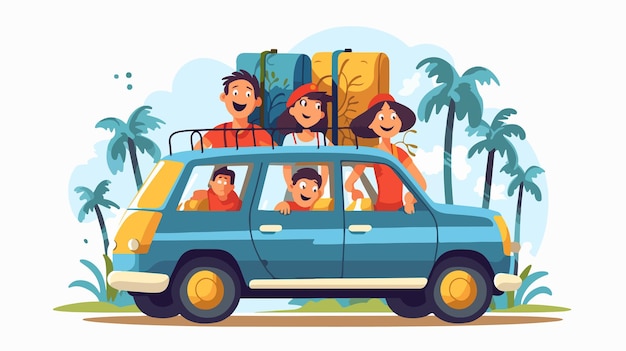 Vector a cartoon illustration of a family going to a beach with a car with luggage