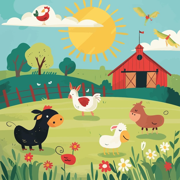 Vector a cartoon illustration of a farm scene with animals and a barn in the background