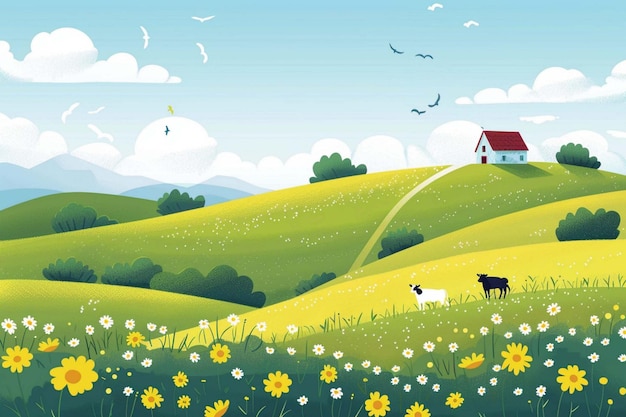 Vector a cartoon illustration of a farm with a farm and a farm house