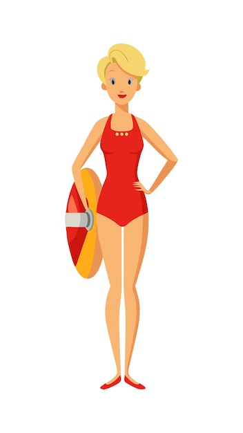 Vector cartoon illustration of a female lifeguard in a red swimsuit holding a lifebuoy