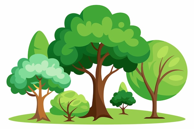 Vector cartoon illustration of five green trees with brown trunks