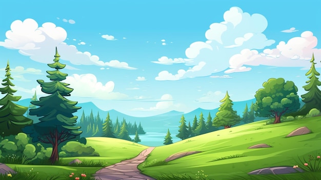 Vector a cartoon illustration of a forest with a road and a forest