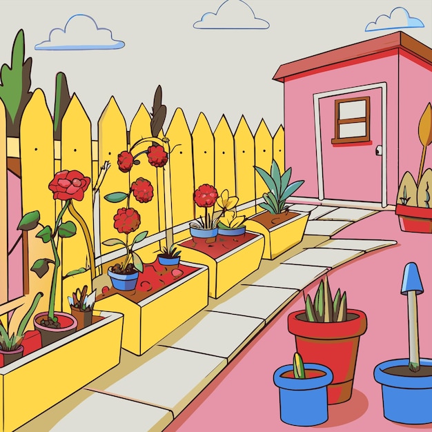 Vector a cartoon illustration of a garden with a fence and plants