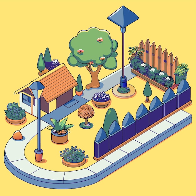 Vector a cartoon illustration of a garden with a fence and a tree