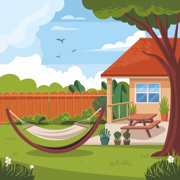 Vector a cartoon illustration of a garden with a garden and a house with a garden