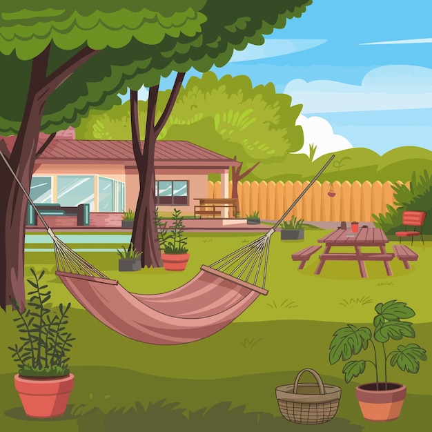 Vector a cartoon illustration of a garden with a garden and a house with a garden