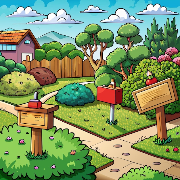 Vector a cartoon illustration of a garden with a sign that says quot the mailbox quot